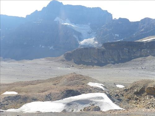 Looking west from the ridge over the smooth runout from the Watermelon Glacier and the glacier on Watermelon SW
