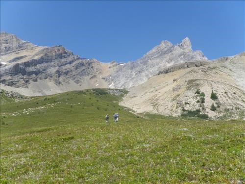Up the final grassy ramp at the head of the North Fork of Mosquito Creek heading towards Watermelon Peak 