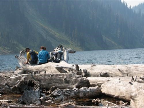 Lunch on a log jam on Marion Lake