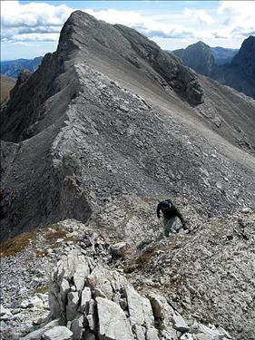 Scrambling down to the col between Emma's and Ship's Prow