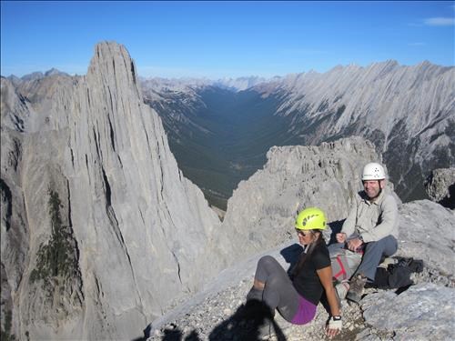 Susan and Brian relaxing on summit Mt. Edith north peak (Mount Louis on left of photo) Susan and Brian relaxing on summit Mt. Edith north peak (Mount Louis on left of photo)