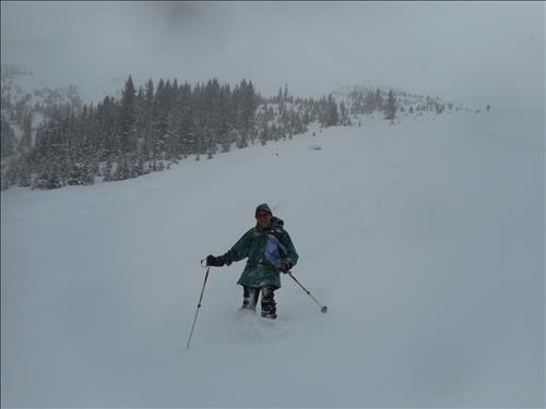 Carl skiing lower glades of Observation Peak