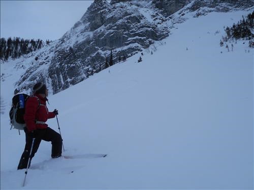 Chip looking up at Christine starting down