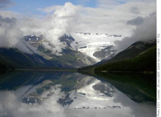 Lyell Glacier mirrored in Glacier Lake early in the morning 26 June '05
