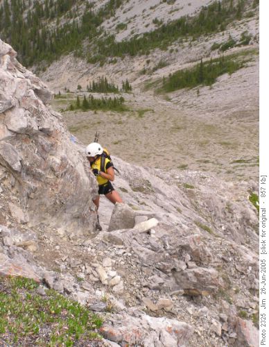 This is the point where a bulge in the rock and sloping slab requires dry rock for safety. This is the point where a bulge in the rock and sloping slab requires dry rock for safety.