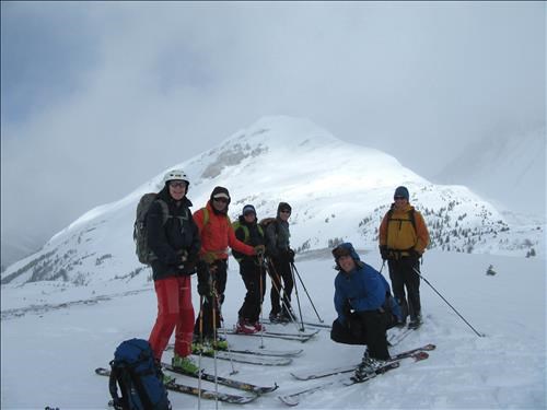 The gang at North Burstall Pass with Snow Peak in the distance