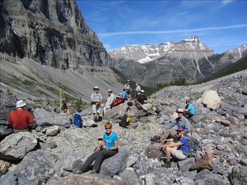 snack break at end of official trail looking towards Mount Whymper: our group plus two friendly English tourists