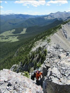 Scrambling up the cliff bands on Mount Baldy 
