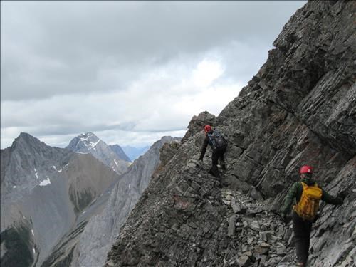 Traversing back across the exposed ledges