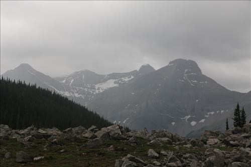 Looking down the valley at misted mountains