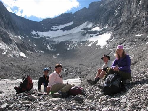 Tony, Elizabeth, Bruce, Phyllis at base of Rae Glacier Tony, Elizabeth, Bruce, Phyllis at base of Rae Glacier