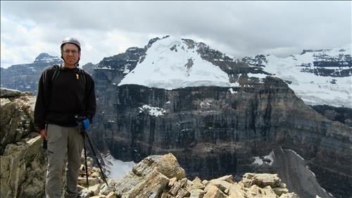 Gary at the col with Mount Lefroy in the background