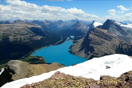 Bow Lake from the summit. Dolomite Peak on the left and Hwy 93 below.