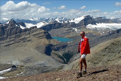 Francisco with Caldron Lake and Mistaya Mountain in the background.