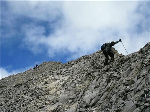 Inge on the scrambly section below the summit cairn