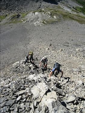 Scrambling up the headwall