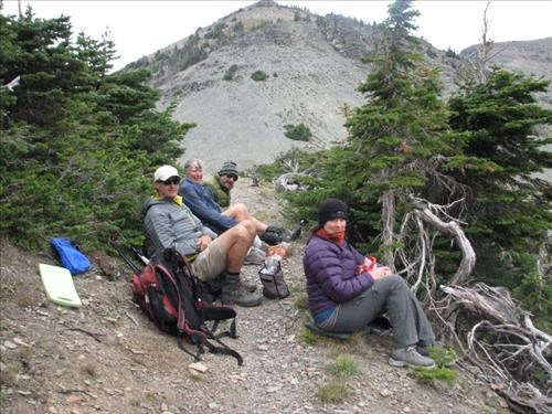 Lunch on lee side of Firebrand Pass in shelter of krumholz