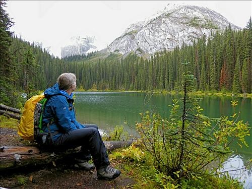 Teresa at Commonwealth Lake. Pig's Back is dominant on the right.