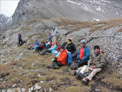Hunkered down out of the wind at Rummel Pass