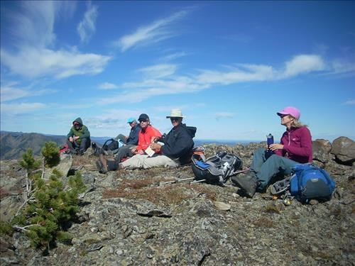 Group on high point of ridge - sunny and warmish
