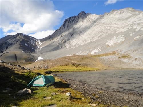 Camp at Northover Lakes, BC. Behind is Mt. Northover and Northover ridge to left. 