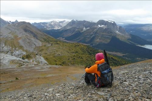 Marg stops to admire the golden larches below.