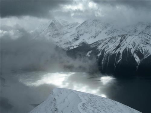 Upper Kananaskis Lake from the summit of Mount Indefatigable
