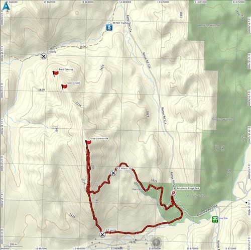 Raspberry Ridge Loop, clockwise from the car park. Distance ~11.2km. Elevation gain ~650m to the Fire Lookout at 2,350m elevation.