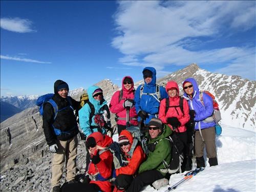 Happy Ramblers at the summit cairn of Ship's Prow Ridge