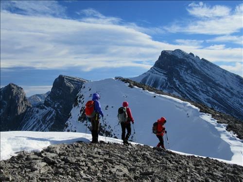 The ladies heading back down from the summit cairn