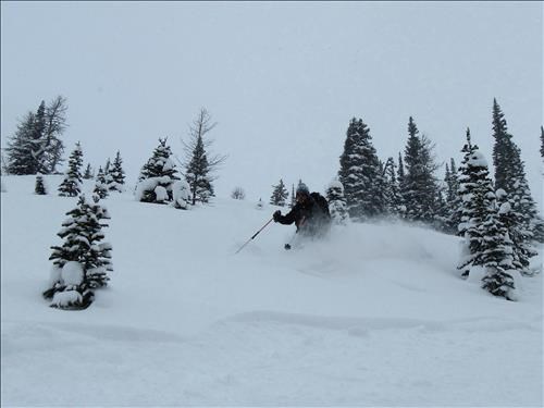 Gord in the deep snow in the upper glades at Burstall Pass