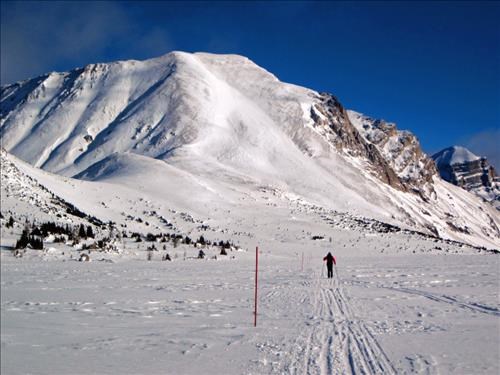 {1960 Rich Hed} skiing across Ptarmigan lake - note avalanche on Fossil mountain above and left of the red pole. 