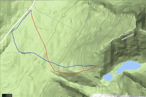 topo: uptrack red, downtrack blue. Storm Mtn burn