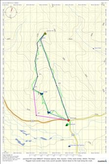 Junction Hill Loop Map. Distance ~9km, ascent ~720m. Blue Flagged route avoids steep (maybe icy) ascent.