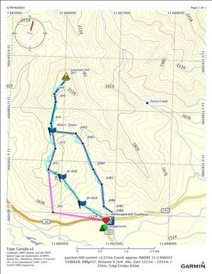 Junction Hill summit 2233m Coord. NAD83 11U 666022/5586628. Distance 9.1km. Elev. Gain 720m. Total Climbs 830m. Blue-flagged route avoids the steep rocky ascent along the purple line. (Click to enlarge)