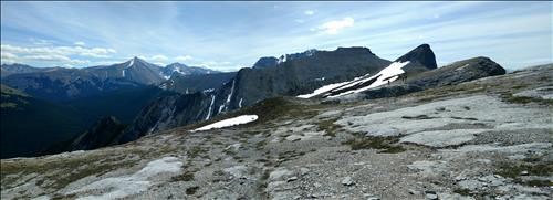 Dave B, Manfred & Arnold on upper ridge towards Opal Ridge North. Fisher Peak is the distant high point, centre left.