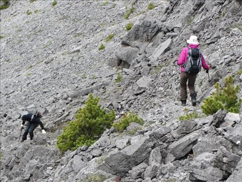 Rosanne & Yolande pick their way down the loose bits below Wasootch Ridge summit 