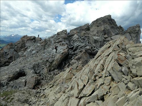 Picking our way through the rubble back to the first summit.