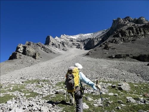The never ending talus cone leading to the cliff bands