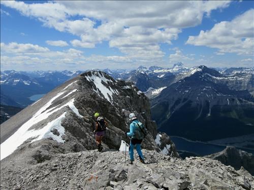 Ulrike and Susan traversing the summit ridge of Mt Lougheed