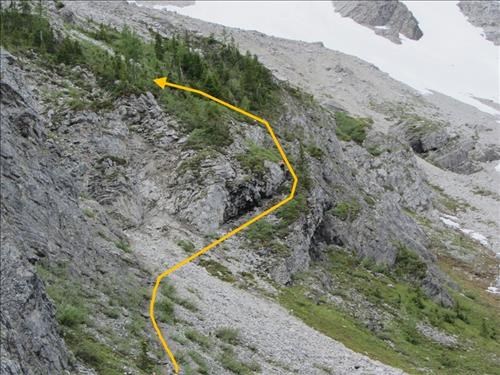 Memorial Lakes: OT5 route up headwall from 2nd to 3rd lake.