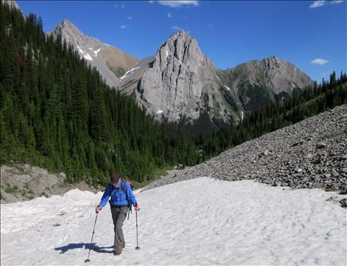 Doug D starting up the drainage through the avalanche debris