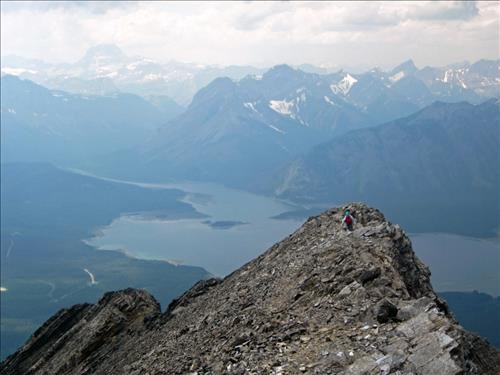 {212 Dav Mul} on the summit ridge Mt Engadine - smoky Mt Assiniboine upper left