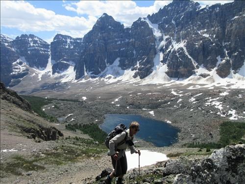Yolande heading up the slopes above Wastach Pass