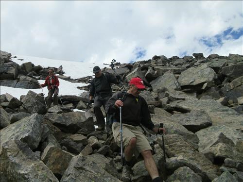 Gary, Simon and Yolande on the blocky upper slopes of Wastach Mountain 