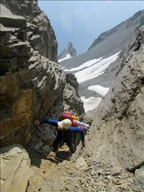 The narrow steep and very loose upper gully leading to the ridge
