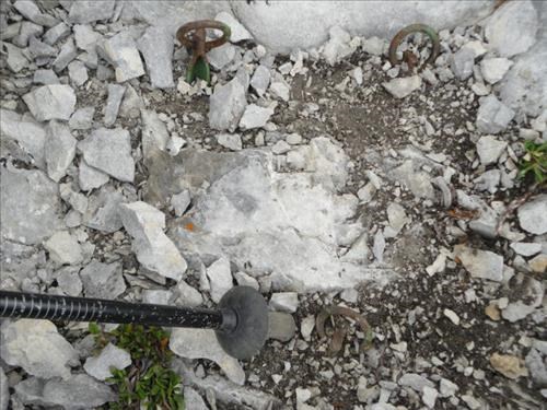 Mt. Princess Margaret: Three Pitons (placed 2010) above optional crux downclimb