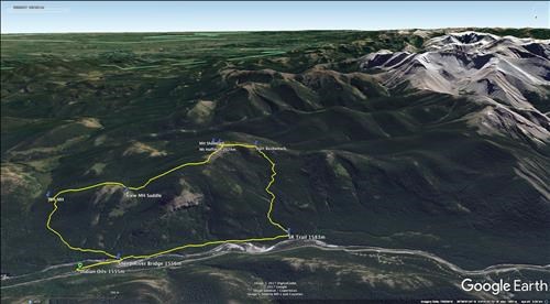 Mt Hoffman Hike - starting at Indian Oils - Trails up - Bushwhack down at right bearing NW. Satellite Image 21Oct17