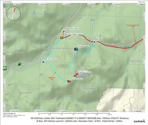 Mount Hoffman Hike - Follow trails up - Easy bushwhack down to Sheep River - 8.5km Elevation Gain ~470m - Total climbs ~540m. 21Oct17.