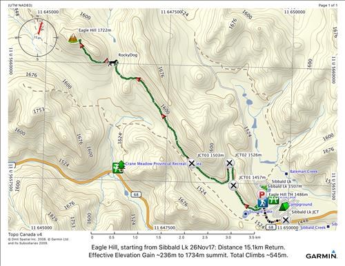 Eagle Hill Hike Track starting from Sibbald Lake. Distance ~15.1km Return. Effective elevation Gain ~236m to Summit at 1722m, or, 1734m depending on info source.